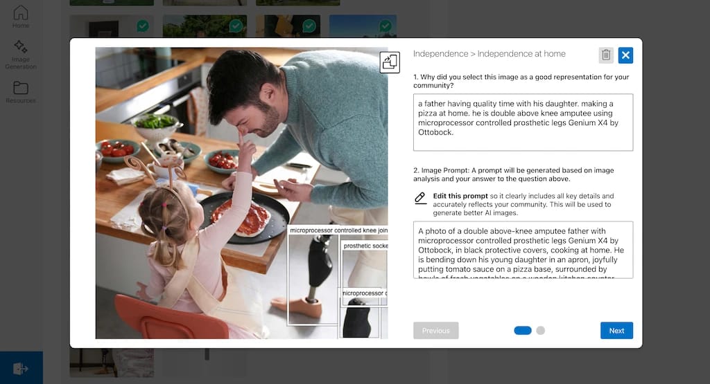 Screenshot from the Microsoft Community Library Creator, showing an annotated image of a father preparing dinner for his child. The father is a double above-knee amputee using prosthetic legs.
