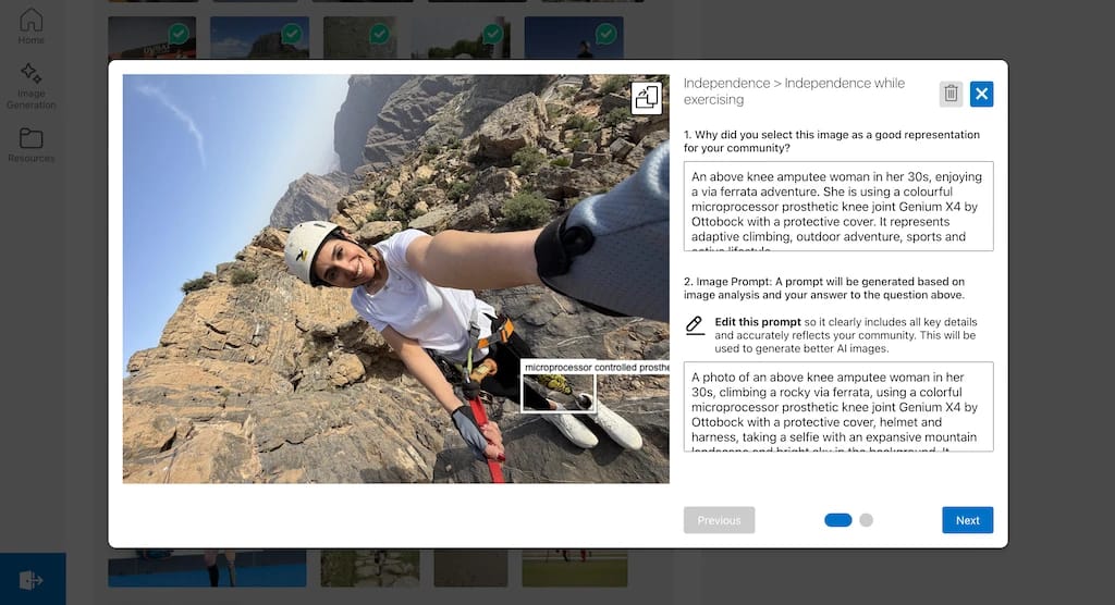 Screenshot from the Microsoft Community Library Creator, showing an annotated image of a woman climbing a mountain. She is using a colorful prosthetic knee joint and protective cover.