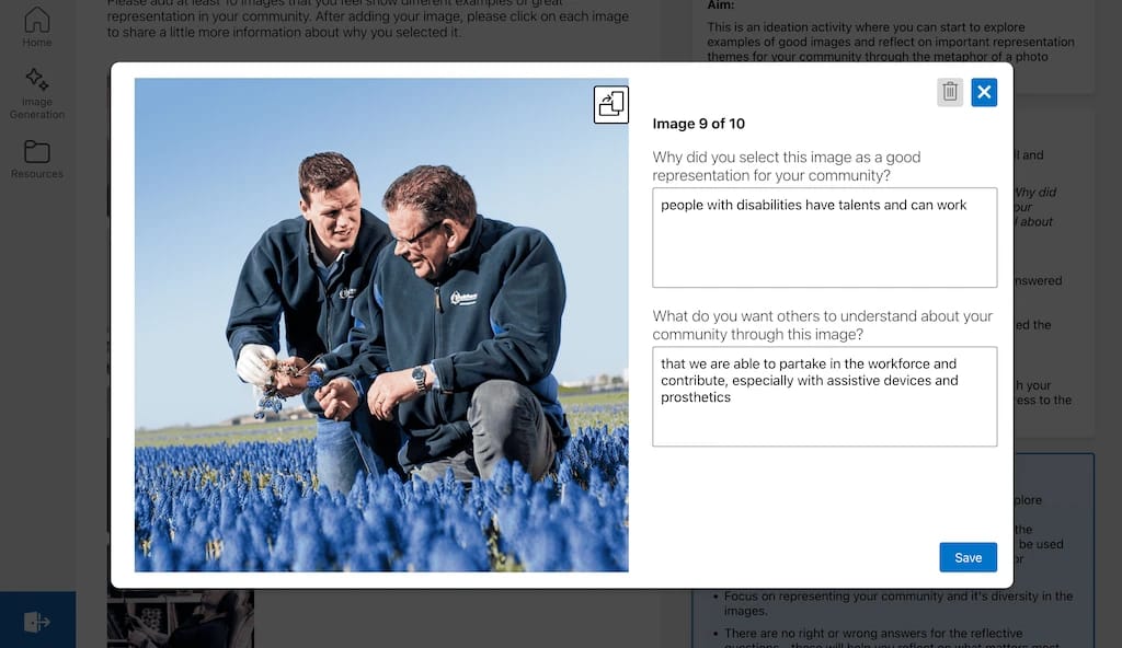 Screenshot from the Community Library Creator, showing an annotated image of two men at work in a field. One of the men is using a prosthetic arm.