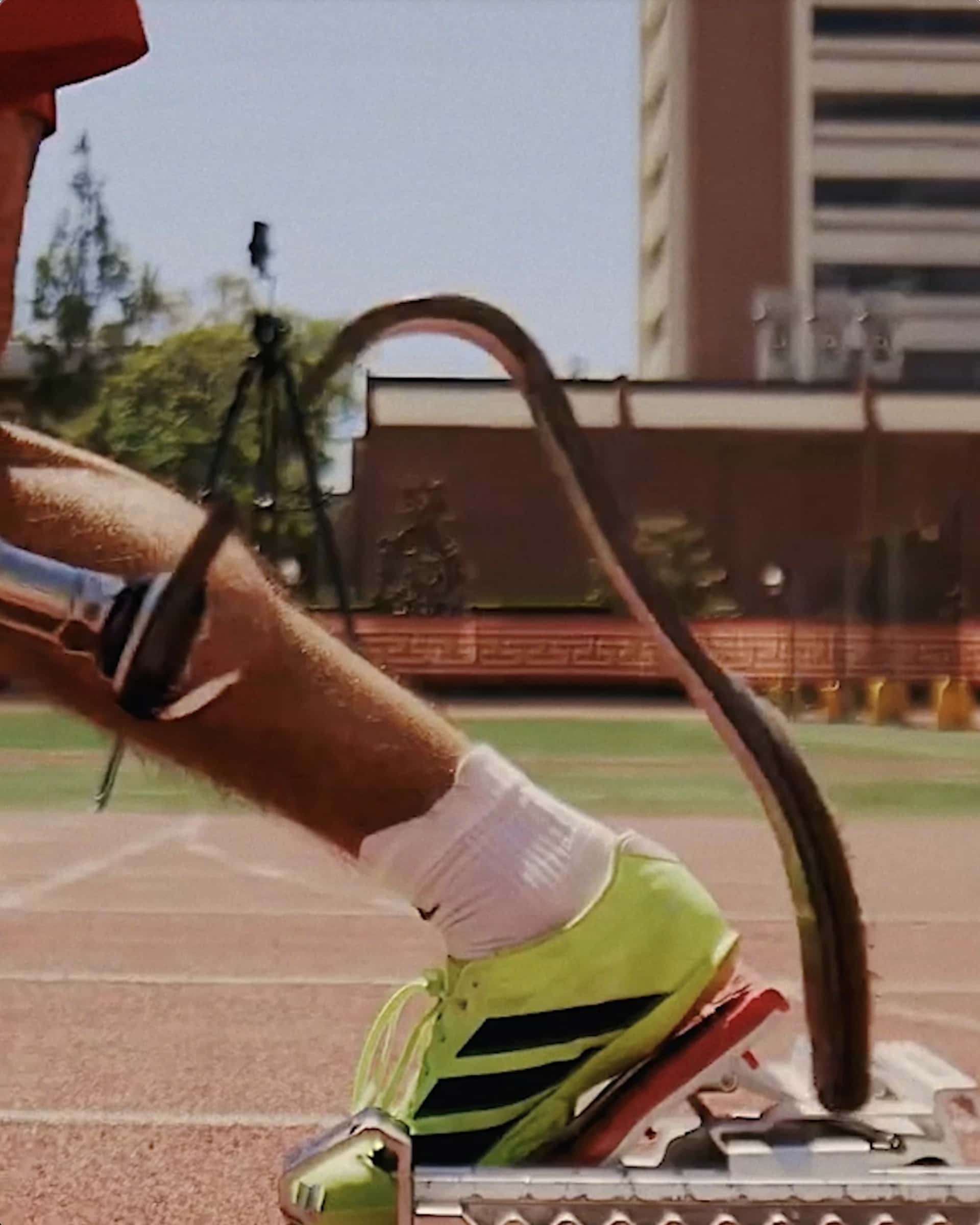 Close-up of Ezra's prosthetic running blade